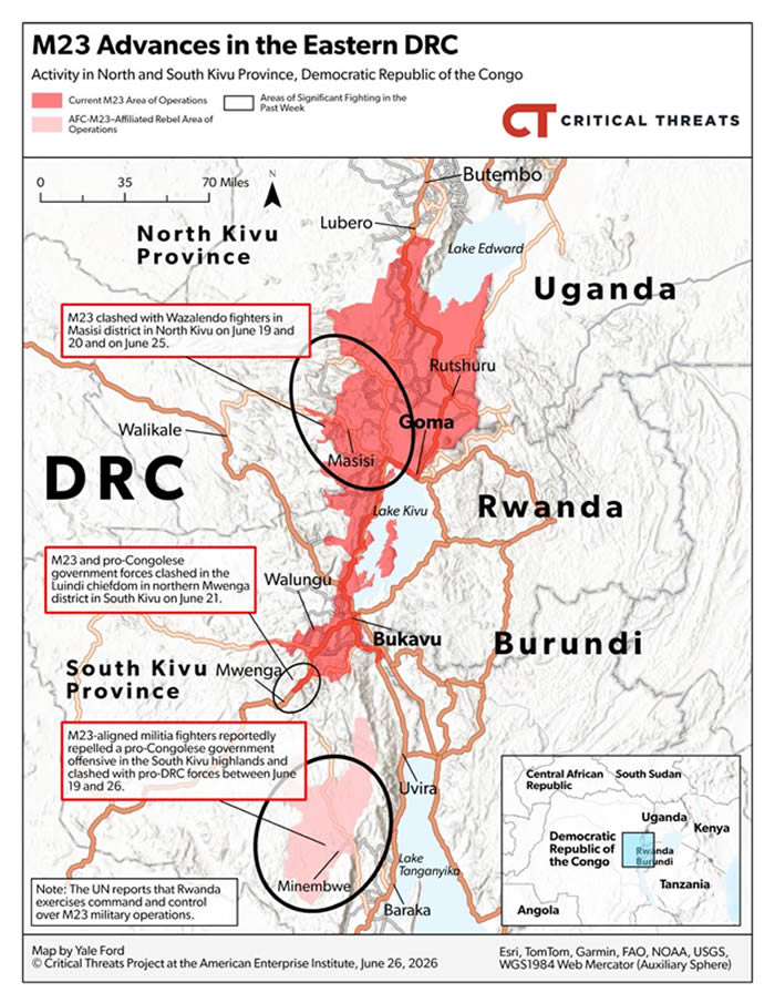 Critical Threats Project (CTP), Congo War Security Review, mapa elaborado por Yale Ford y Abigail Taylor, 26 de junio de 2026. Disponible en: Critical Threats Critical Threats Project (CTP), Congo War Security Review, mapa elaborado por Yale Ford y Abigail Taylor, 26 de junio de 2026. Disponible en: Critical Threats